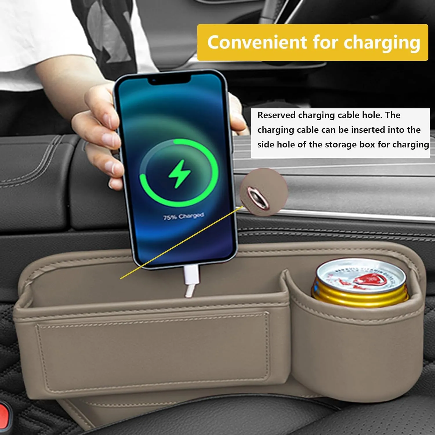 2 Pack Leather Car Seat Gap Filler With Cup Holder, Leather Cup Holder Gap Bag, Car Gap Filler, Universal Fitting, Prevent Phone or Key Falling (Beige)