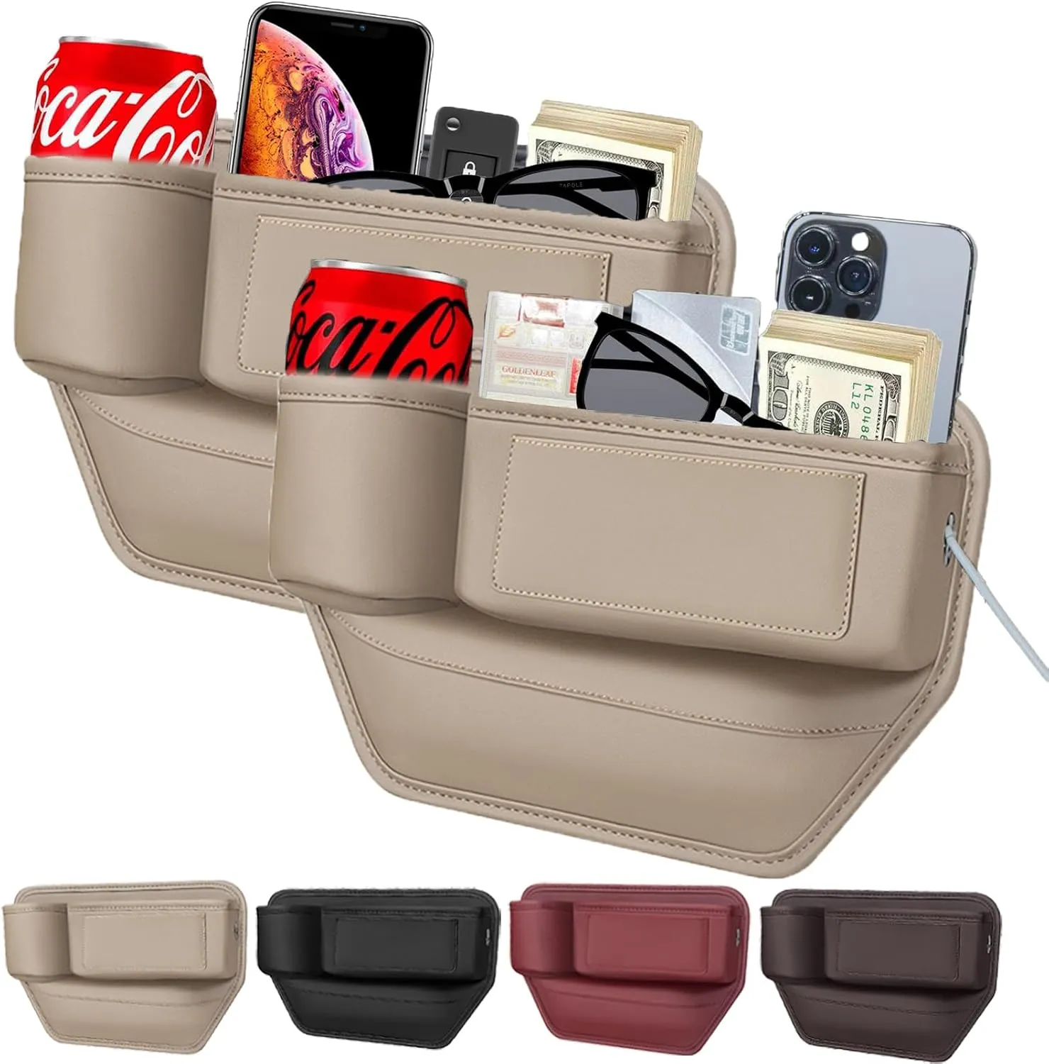 2 Pack Leather Car Seat Gap Filler With Cup Holder, Leather Cup Holder Gap Bag, Car Gap Filler, Universal Fitting, Prevent Phone or Key Falling (Beige)