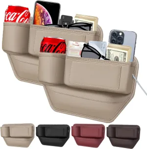 2 Pack Leather Car Seat Gap Filler With Cup Holder, Leather Cup Holder Gap Bag, Car Gap Filler, Universal Fitting, Prevent Phone or Key Falling (Beige)