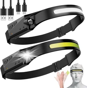2 Pack Rechargeable LED Headlamps with 230° Wide Beam, Motion Sensor Activation, and Comfortable, Adjustable Headbands - Waterproof Outdoor Lights for Running, Camping, Hiking, and Night Adventures
