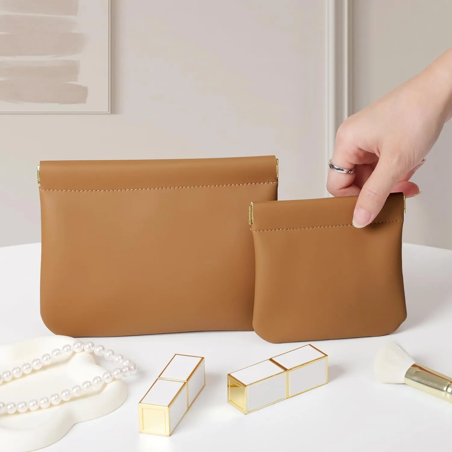 2 Pack Small Makeup Bag for Women, New Organosilicon Super Fiber Leather Mini Cosmetic Bag for Travel, Coin Purse Organizer Storage Pouch (Brown)
