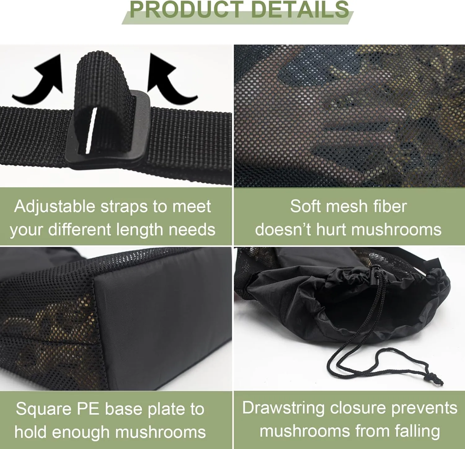 2 Pc Morel Mushroom Mesh Foraging Bag with Bottom Support, Mushroom Hunting Bag Black Harvesting Foraging Tote Bag, Adjustable Picking Bag, Sacks for Mushrooms