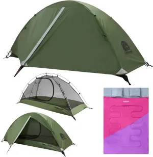 2 Person Backpacking Tent for Camping & Double Sleeping Bag