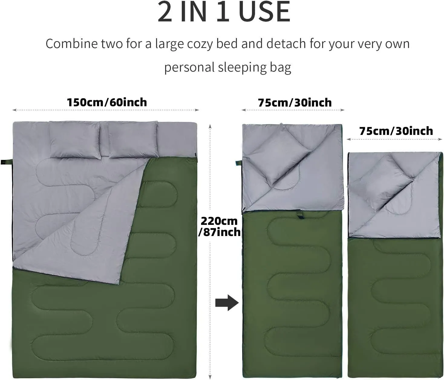 2 Person Sleeping Bag Lightweight Waterproof with 2 Pillows