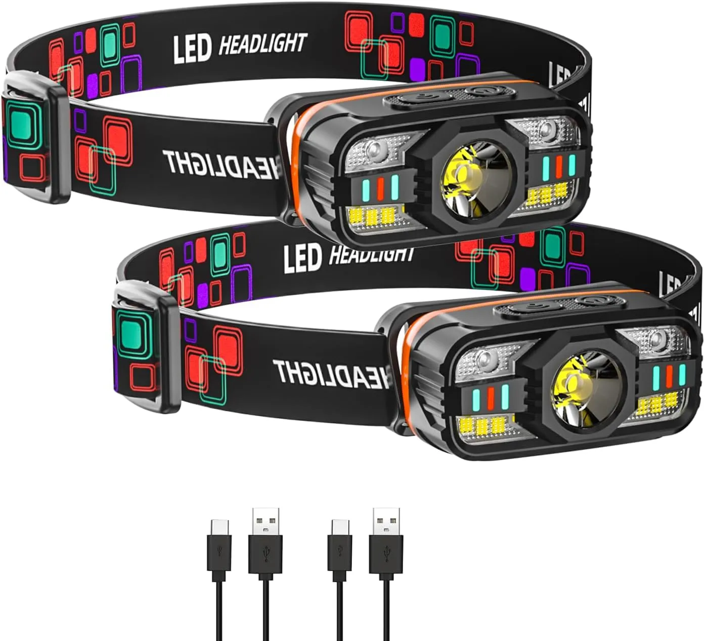 2-Piece Rechargeable LED Headlamp, 1000 Lumens, 6 Lighting Modes, Motion Sensor, IPX6 Waterproof, Recessed Hook, Removable.