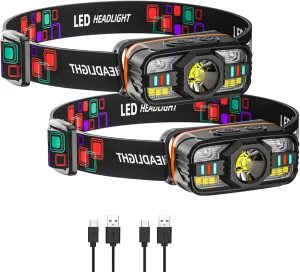 2-Piece Rechargeable LED Headlamp, 1000 Lumens, 6 Lighting Modes, Motion Sensor, IPX6 Waterproof, Recessed Hook, Removable.