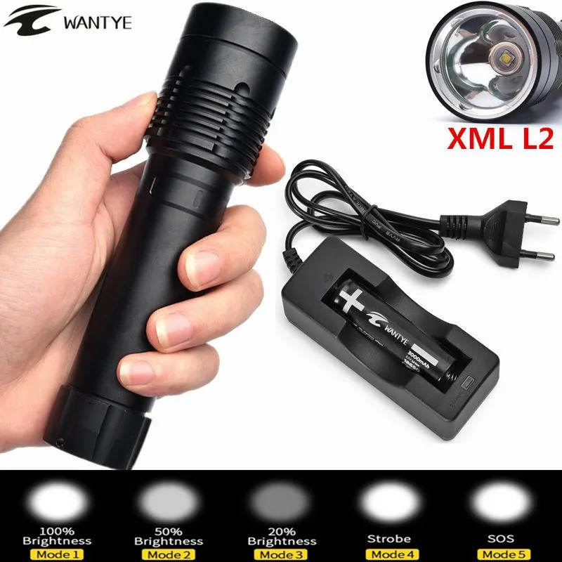 200m Underwater Diving Flashlight torch 5000LM lamp XM-L L2 LED Waterproof Light Lamp 5-Mode Torch Lantern Battery/Charger