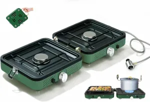 2025 Update Portable 2 Burner Propane Camping Stove with Barbecue Plate - 17200 BTU High Output, Two Adjustable Burners, Easy Carrying Handle & Inlet Gas Pipe (GREEN)