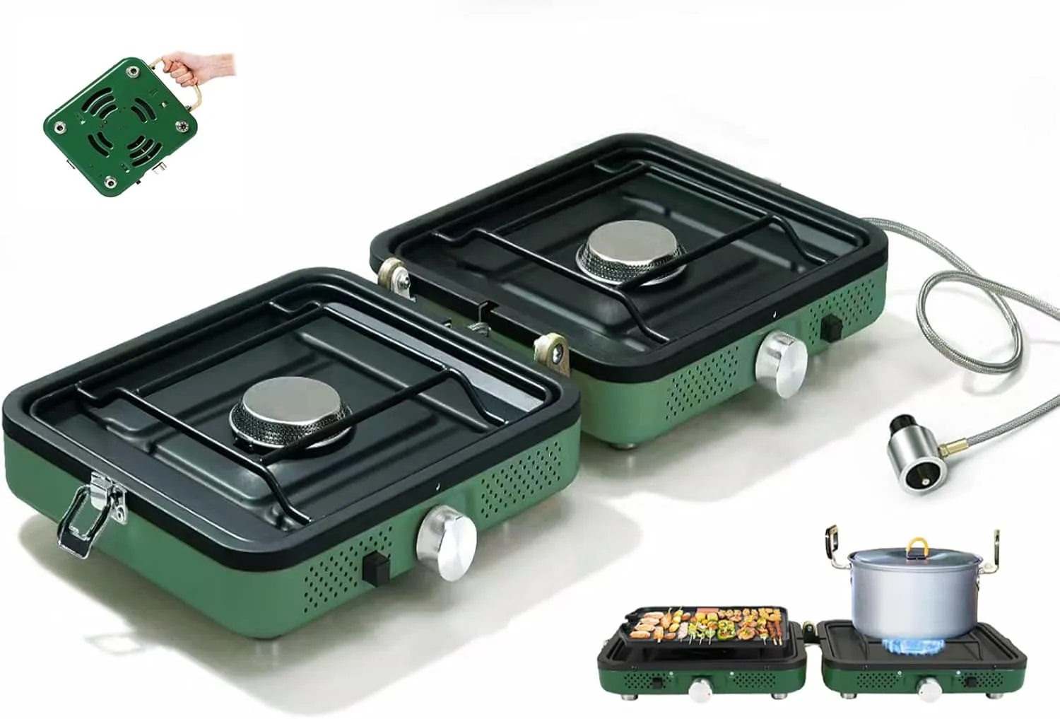 2025 Update Portable 2 Burner Propane Camping Stove with Barbecue Plate - 17200 BTU High Output, Two Adjustable Burners, Easy Carrying Handle & Inlet Gas Pipe (GREEN)