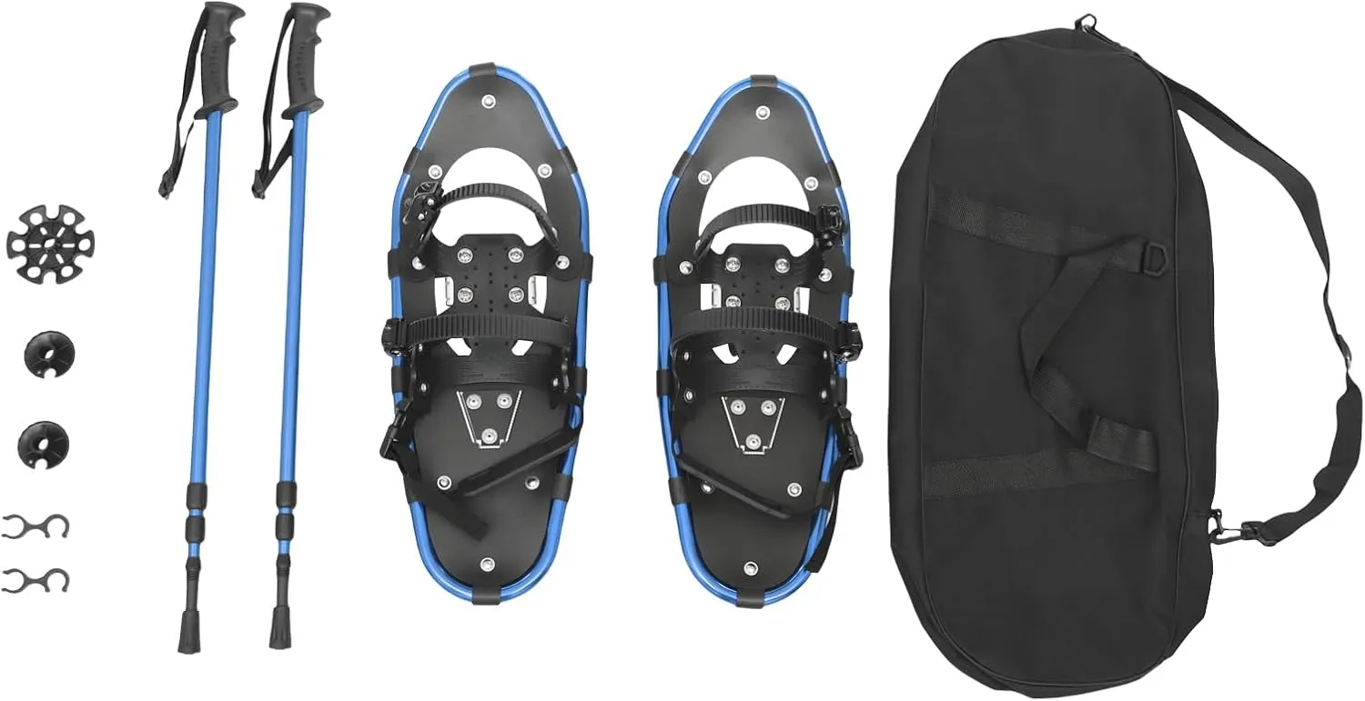 21" Lightweight Snow Shoes - Aluminum Frame Snow Shoes for Men, Women with Adjustable Trekking Poles, Carrying Tote Bag, All-Terrain Snowshoes for Ski Resorts and Outdoor Skiing (Blue)