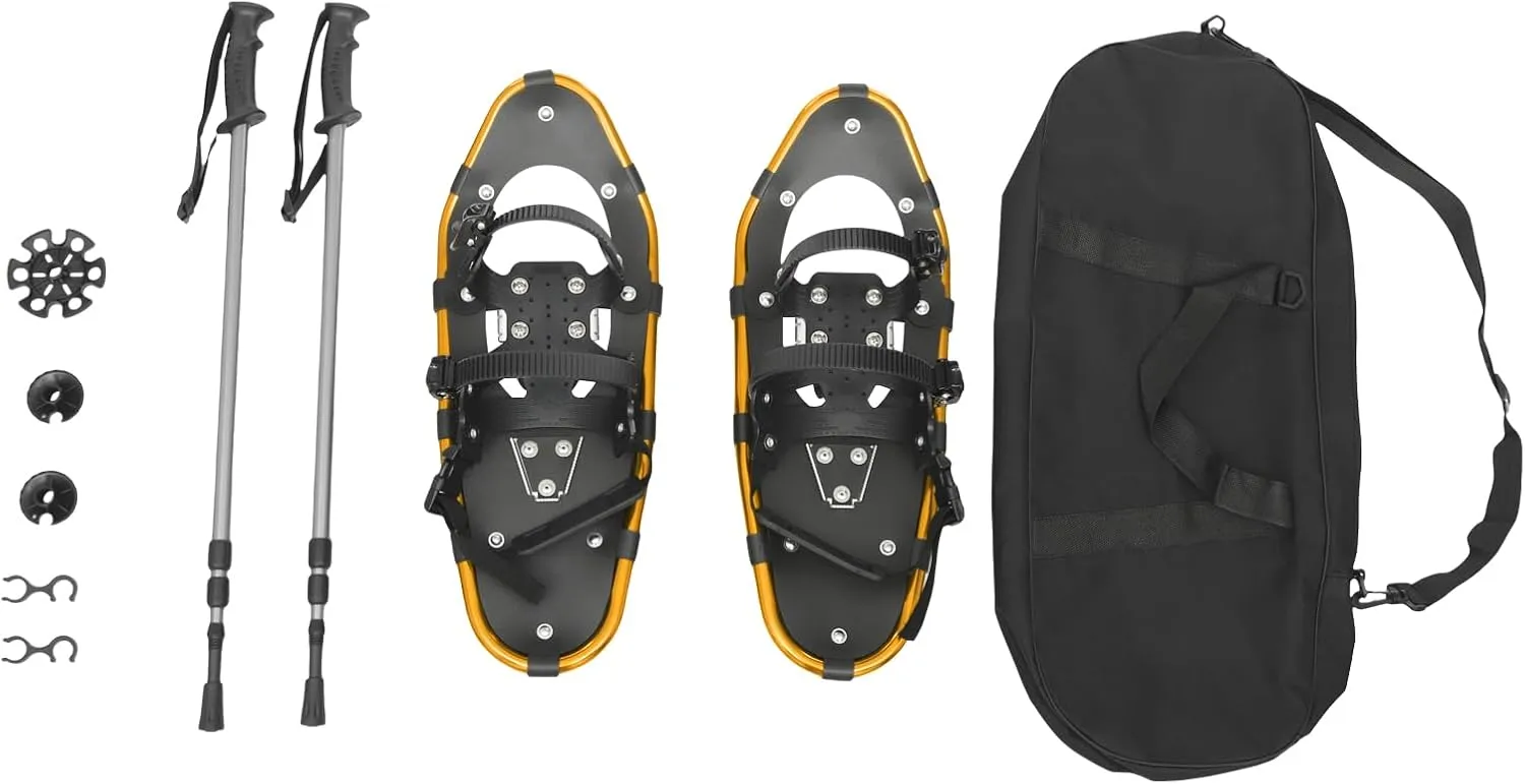 21" Lightweight Snow Shoes - Aluminum Frame Snow Shoes for Men, Women with Adjustable Trekking Poles,Carrying Tote Bag, All-Terrain Snowshoes for Ski Resorts and Outdoor Skiing (Gold)