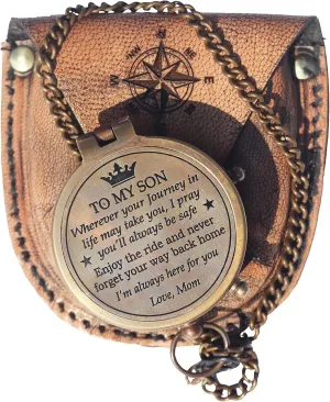 2.2 inch Antique Handmade Religious Brass Engrved Compass (to My Son, Love Mom) for Men, Pocket Compass with Leather Case, Gift Idea for Graduation, Communion, Baptism by New Lite Hub. Brown Antique.