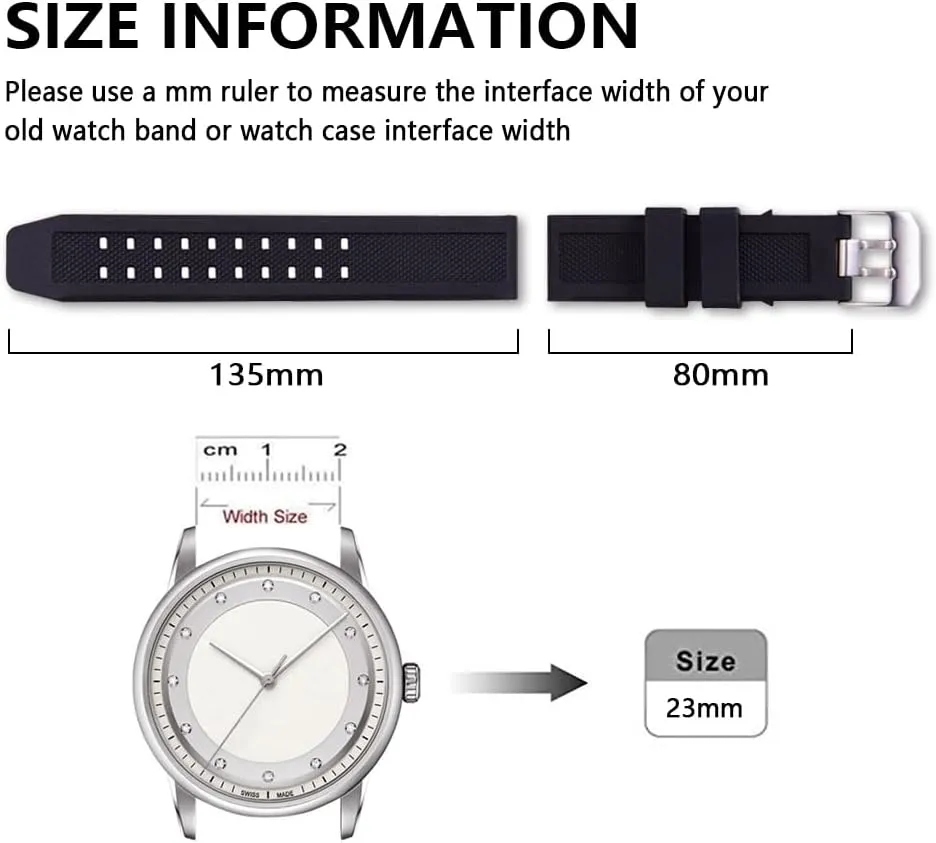 23mm Rubber Watch Strap Fits 3050 8800 3950 Series Silicone Replacement Band with Black/Silver Buckle Waterproof (Black - Black Buckle)