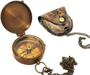 2.5 inch Collectible Marine Brass Compass Nautical Pocket Backpacking Direction Compass Leather Case Engravable, Camping Christmas – by New Lite Hub. Brown Antique.