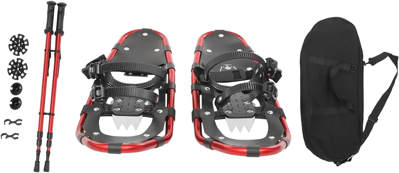 25 Inch Snowshoes with Adjuatable Trekking Poles and Carrying Bag, Snowshoes with Serrated Claw, 3-Section Telescopic Hiking Poles, Lightweight Aluminum, Snowshoes for Adults Men Women