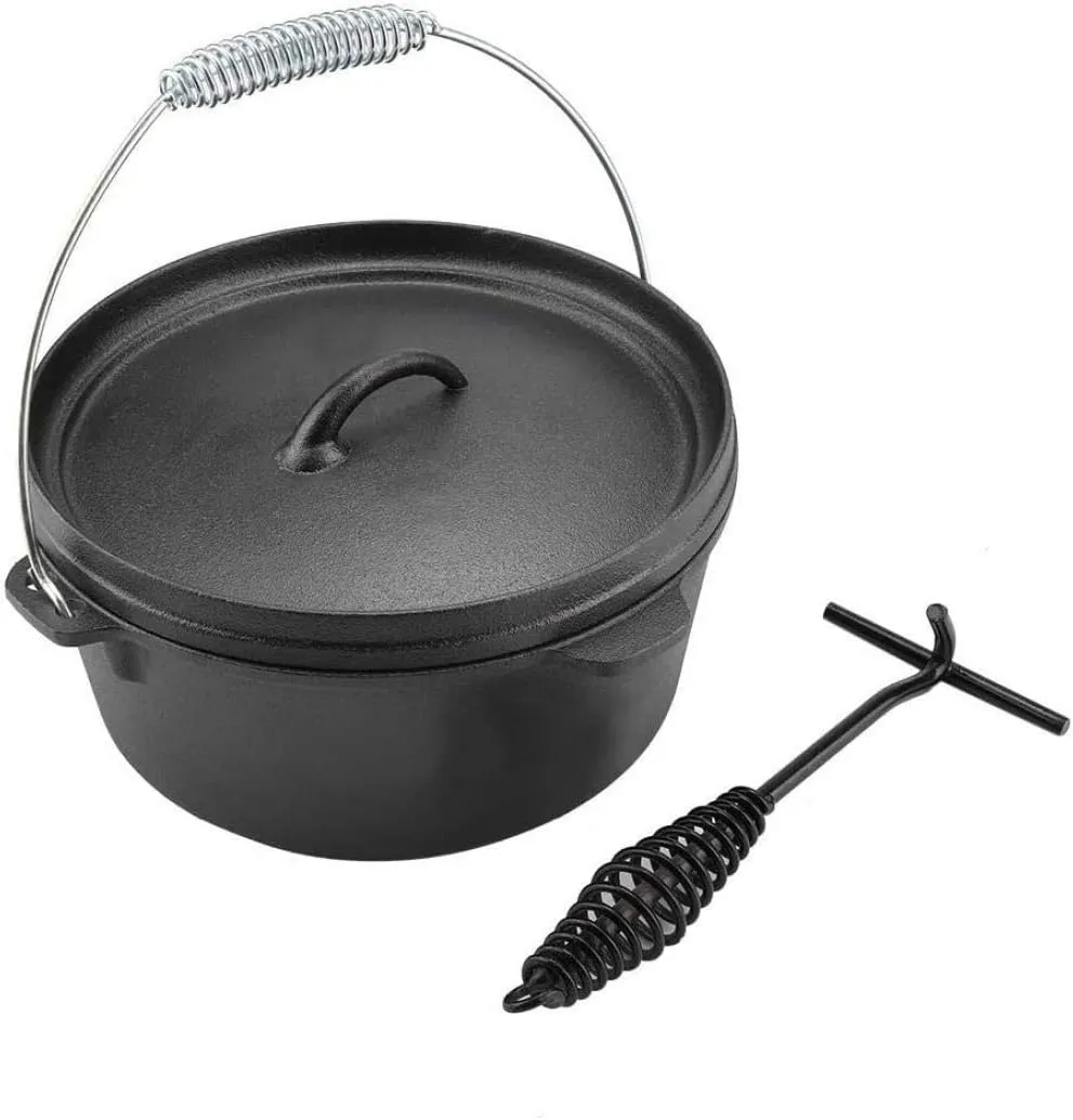 25cm SaucepanOven Camping Cookware Dutch Oven Non-Stick Coating Pan with Hand Hook, Cover and Lid Lifter, for Outdoor Camping BBQ, Cast Iron