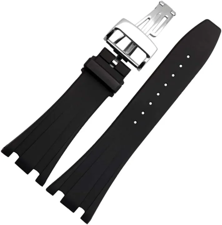 28mm Silicone Black Watch Band with Butterfly Buckle Suitable for Audemars Piguet Men's Watches (28 mm, Silver-Buckle)