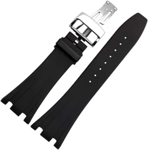 28mm Silicone Black Watch Band with Butterfly Buckle Suitable for Audemars Piguet Men's Watches (28 mm, Silver-Buckle)