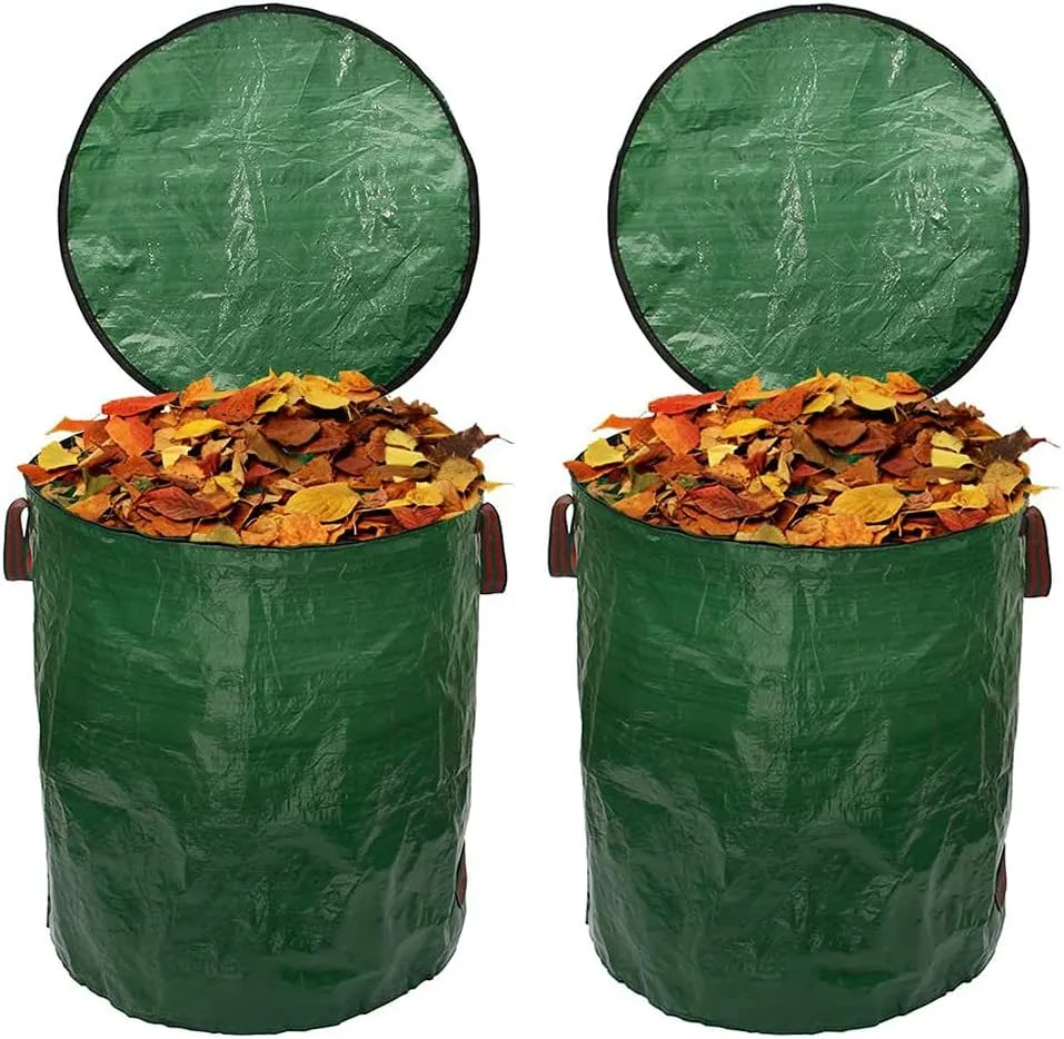 2pack 80Gallons Fallen Leaf Collection Bag with Lip, Foldable Courtyard Garbage Bags PP Waterproofing Reusable Horticultural Containers for Courtyard Camping Green