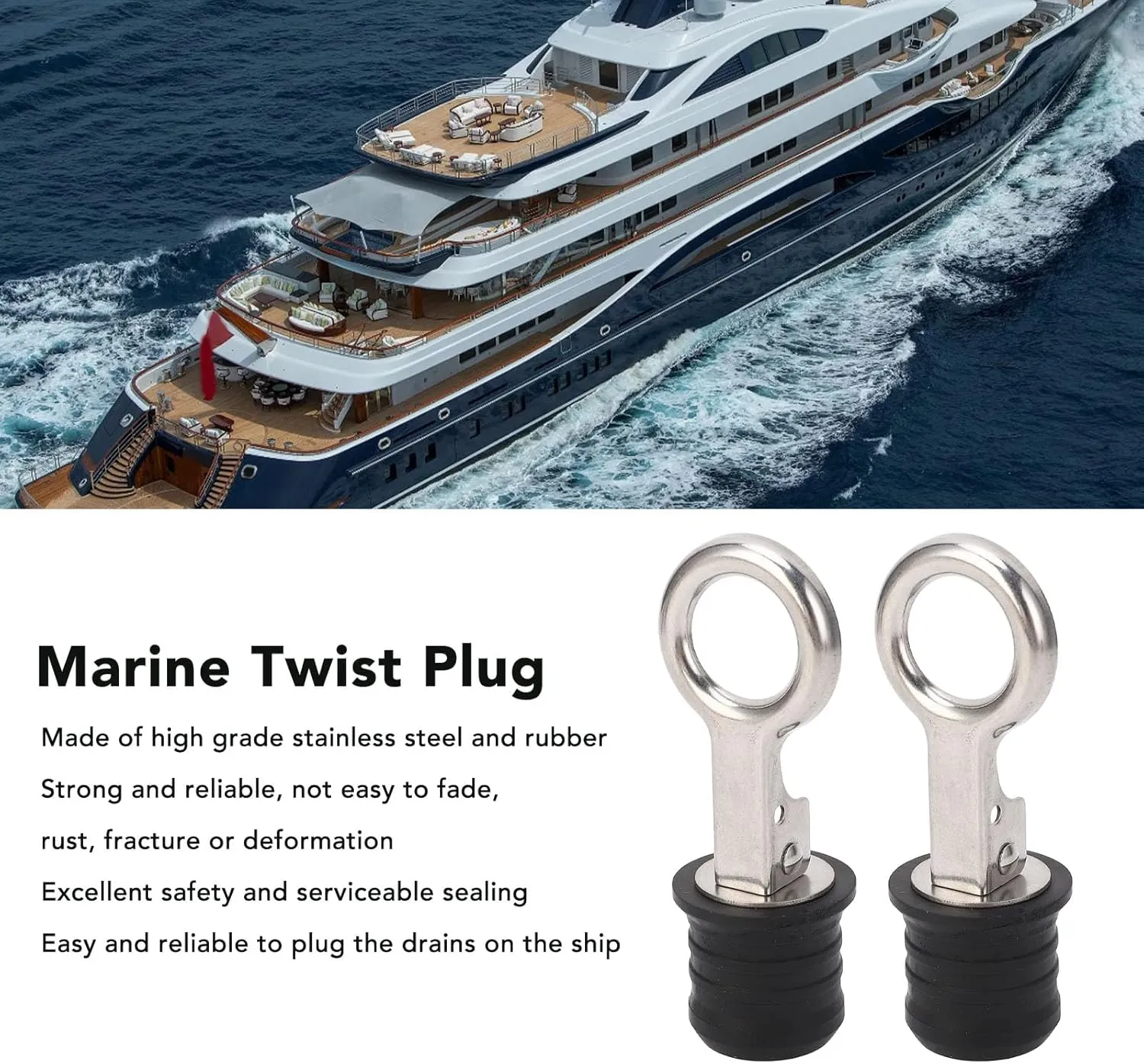 2PCS Boat Plug Snap Handle, Stainless Steel Boat Drain Plug, Marine Rubber Plug Accessory with Easy Twist Lock for Ocean Ships, Boats, Yachts
