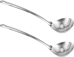 2PCS Stainless Steel Long Handle Hot Pot Colander Strainer Spoon Tablespoons Portable Cookware Mesh Strainers Skimmer Slotted Spoon for Kitchen Cooking