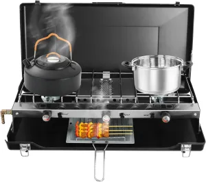 3-Burner Propane Camping Stove, Portable Camping Grill/Stove with Removable Grids & Trays Propane Portable Stove, Piezo Ignition Folding 3-Burner Gas Stove for Camping, Tailgating, BBQ