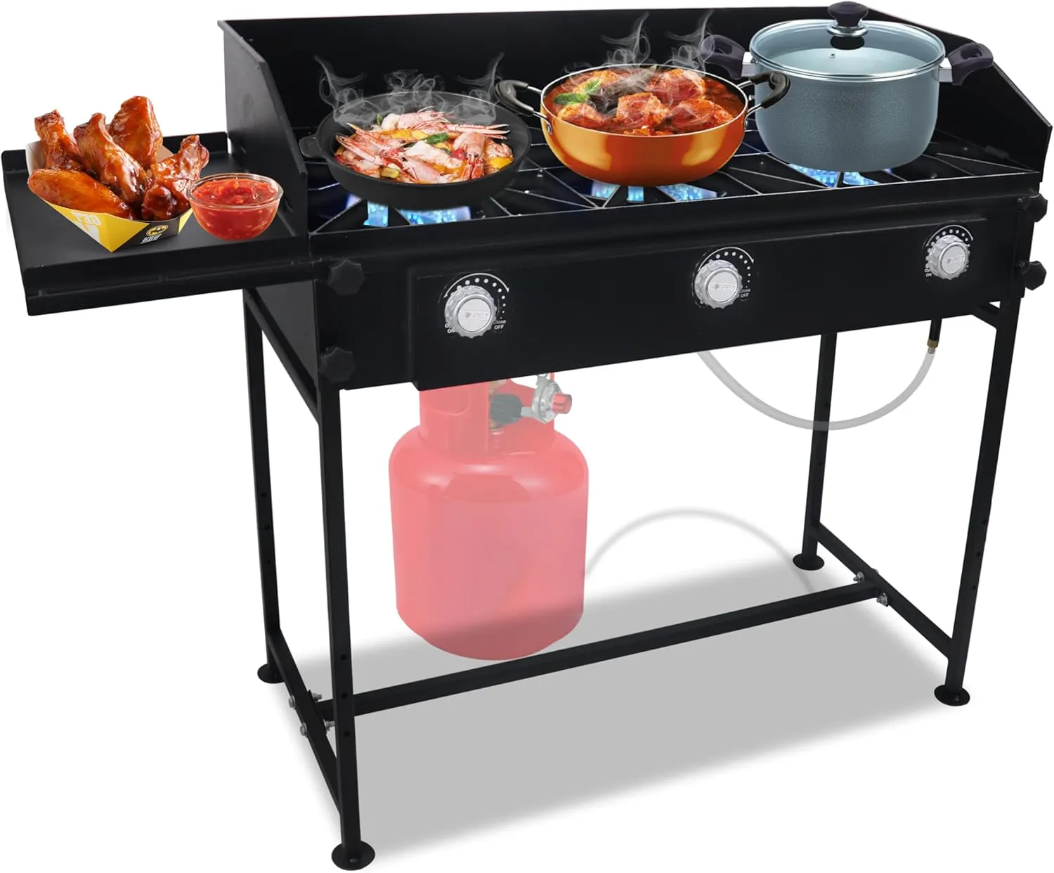 3 Burner Propane Stove -225,000 High btu Propane Burner Camping Stove, Carbon Steel 3 Burner Camp Stove Outdoor Stove Propane W/Side Shelf, Wind Panel & CSA-Approved 0-20 PSI Regulator & Hose.