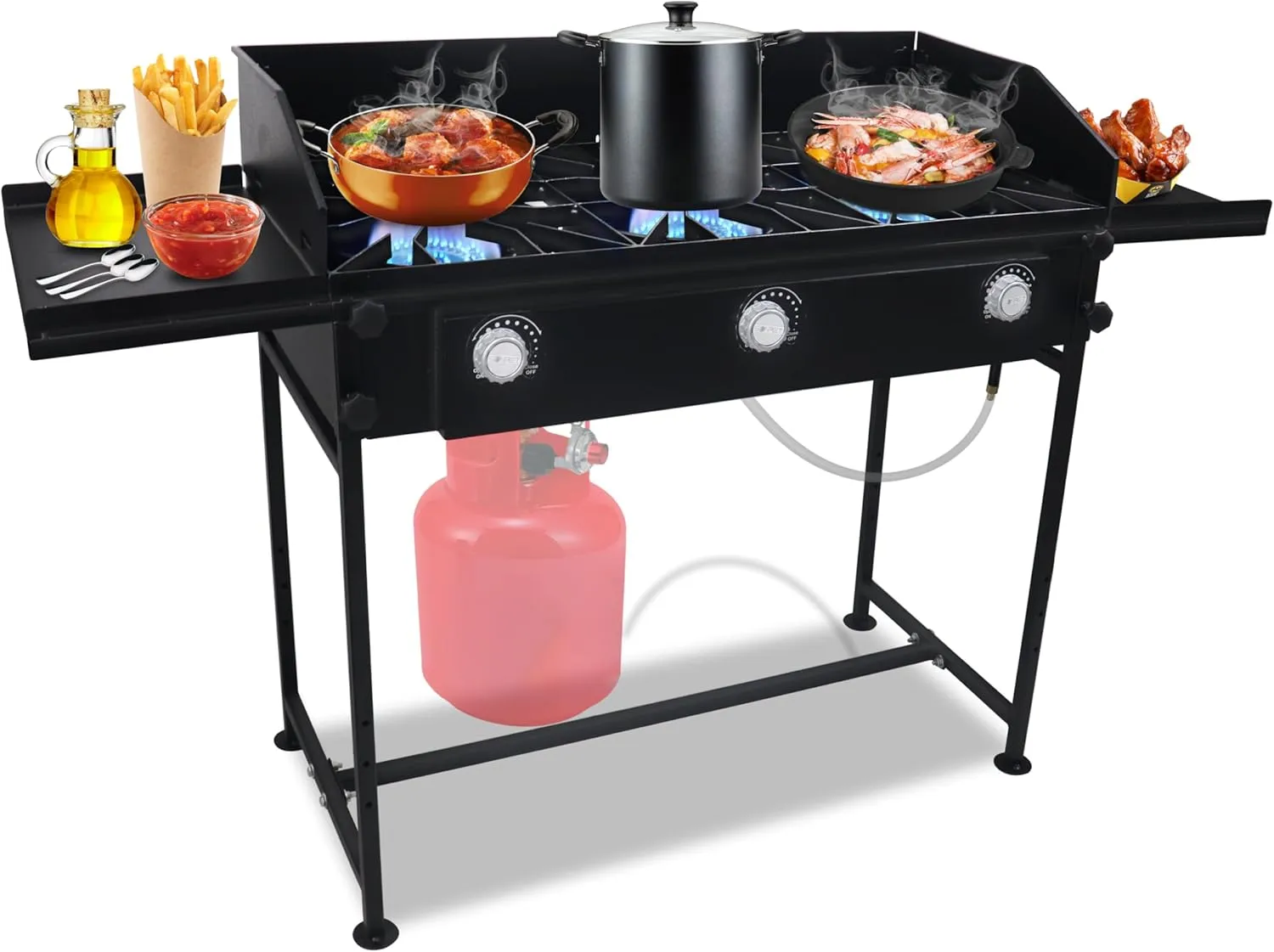 3 Burner Propane Stove -225,000 High btu Propane Burner Camping Stove, Carbon Steel 3 Burner Camp Stove Outdoor Stove Propane W/Side Shelf, Wind Panel & CSA-Approved 0-20 PSI Regulator & Hose.
