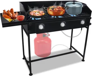 3 Burner Propane Stove -225,000 High btu Propane Burner Camping Stove, Carbon Steel 3 Burner Camp Stove Outdoor Stove Propane W/Side Shelf, Wind Panel & CSA-Approved 0-20 PSI Regulator & Hose.