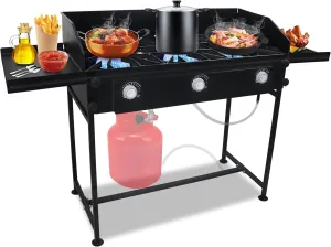 3 Burner Propane Stove -225,000 High btu Propane Burner Camping Stove, Carbon Steel 3 Burner Camp Stove Outdoor Stove Propane W/Side Shelf, Wind Panel & CSA-Approved 0-20 PSI Regulator & Hose.
