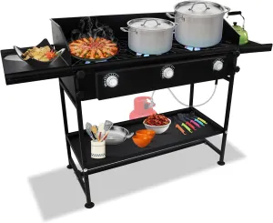 3 Burner Propane Stove -225,000 High btu Propane Burner Camping Stove, Steel 3 Burner Camp Stove Outdoor Stove Propane W/Dual Side & Bottom Shelf, Wind Panel & CSA-Approved 0-20 PSI Regulator & Hose