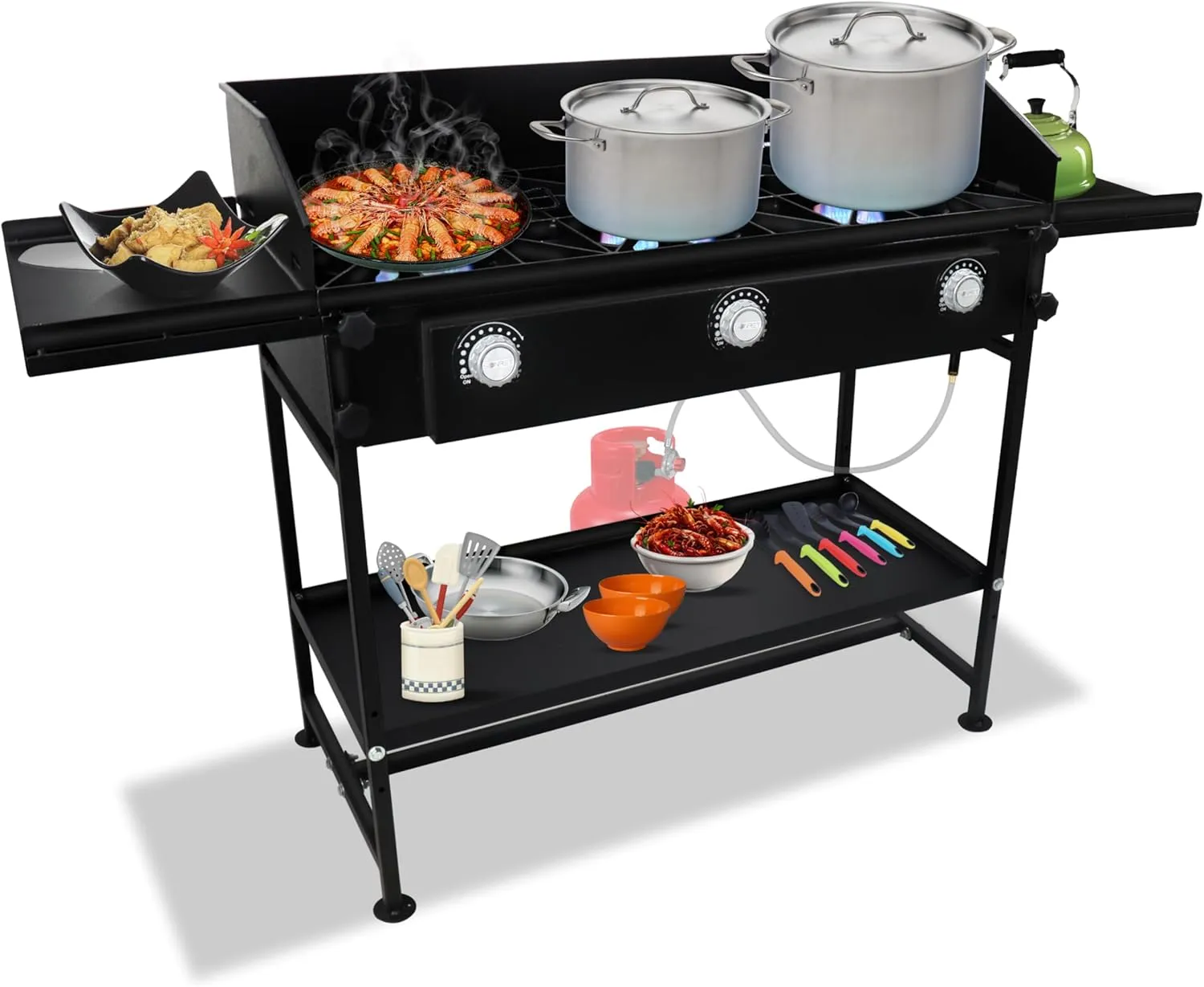 3 Burner Propane Stove -225,000 High btu Propane Burner Camping Stove, Steel 3 Burner Camp Stove Outdoor Stove Propane W/Dual Side & Bottom Shelf, Wind Panel & CSA-Approved 0-20 PSI Regulator & Hose