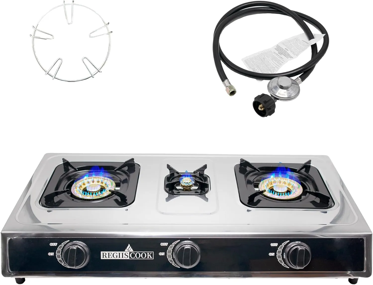 3 Burners Propane Gas Cooktop,Camping Portable LPG Gas Stove, Auto Ignition Stainless Steel Countertop with regulator and burner grate