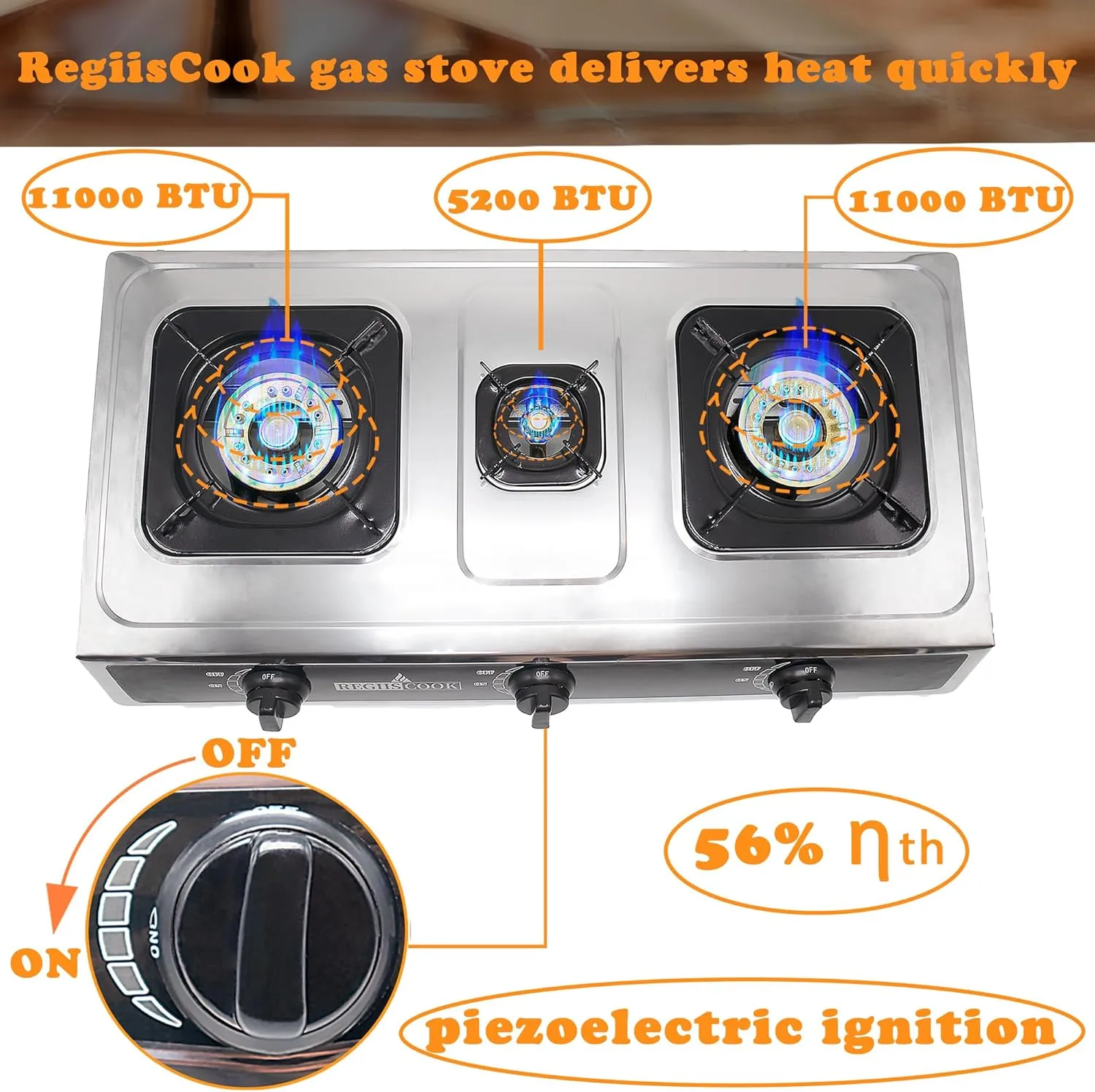 3 Burners Propane Gas Cooktop,Camping Portable LPG Gas Stove, Auto Ignition Stainless Steel Countertop with regulator and burner grate