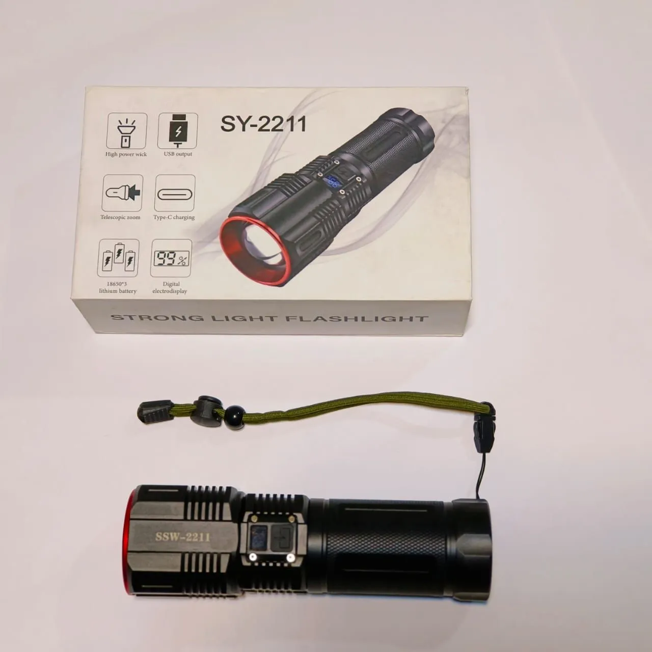 3-KM Range SY-2211 Hand Torch Light LED - Battery Power Bank, Powerful Torch ( Random Color )