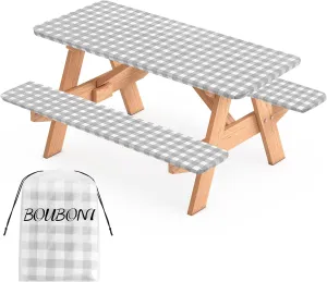 3 Pcs Set Fitted Picnic Table Cover with Bench Covers Vinyl Camping Table Cloth Flannel Backing Picnic Table Cloth for 6ft Tables Camping Outdoor (Gray Checked, 30 x 72 Inches)