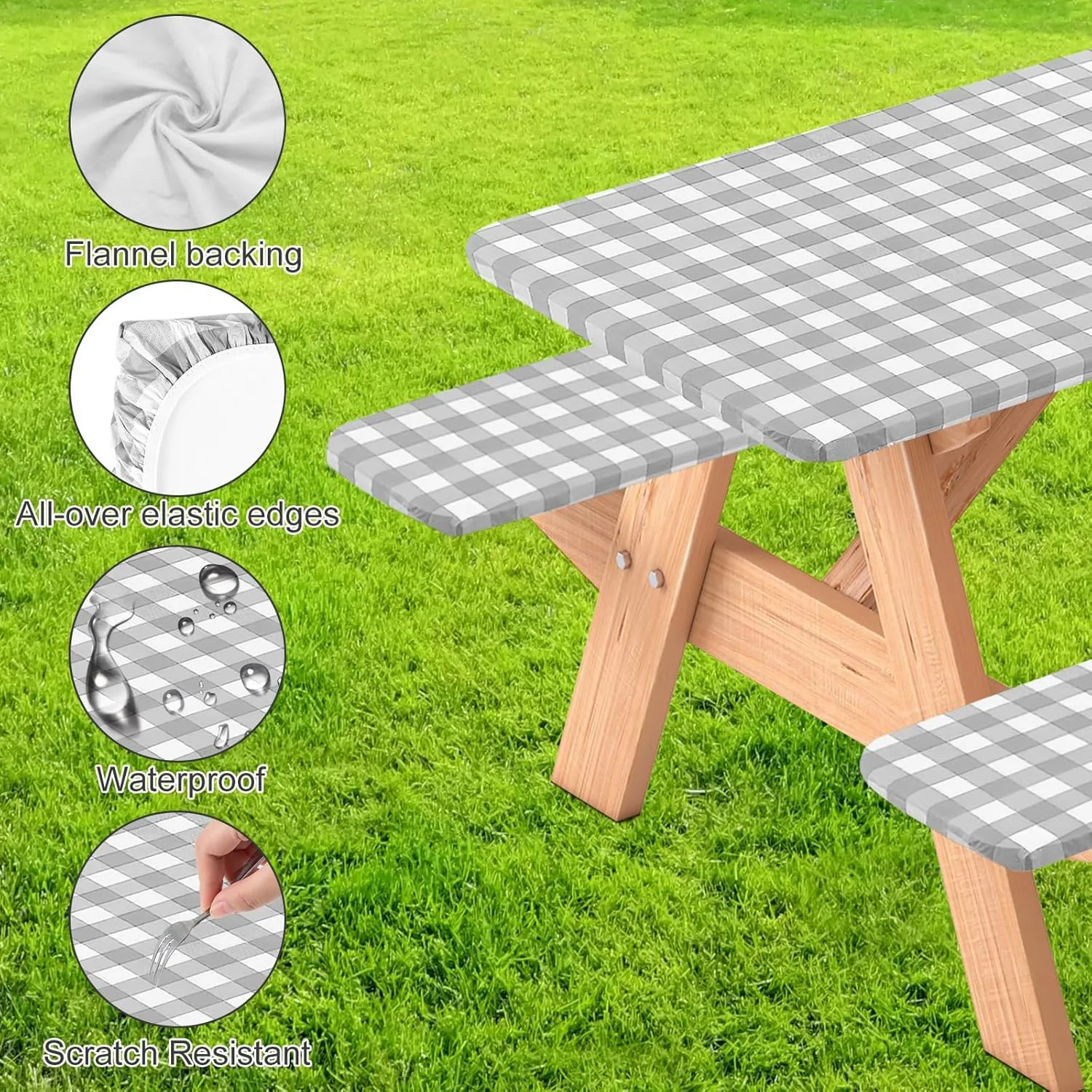 3 Pcs Set Fitted Picnic Table Cover with Bench Covers Vinyl Camping Table Cloth Flannel Backing Picnic Table Cloth for 6ft Tables Camping Outdoor (Gray Checked, 30 x 72 Inches)