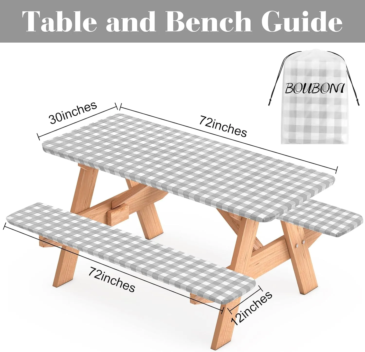 3 Pcs Set Fitted Picnic Table Cover with Bench Covers Vinyl Camping Table Cloth Flannel Backing Picnic Table Cloth for 6ft Tables Camping Outdoor (Gray Checked, 30 x 72 Inches)