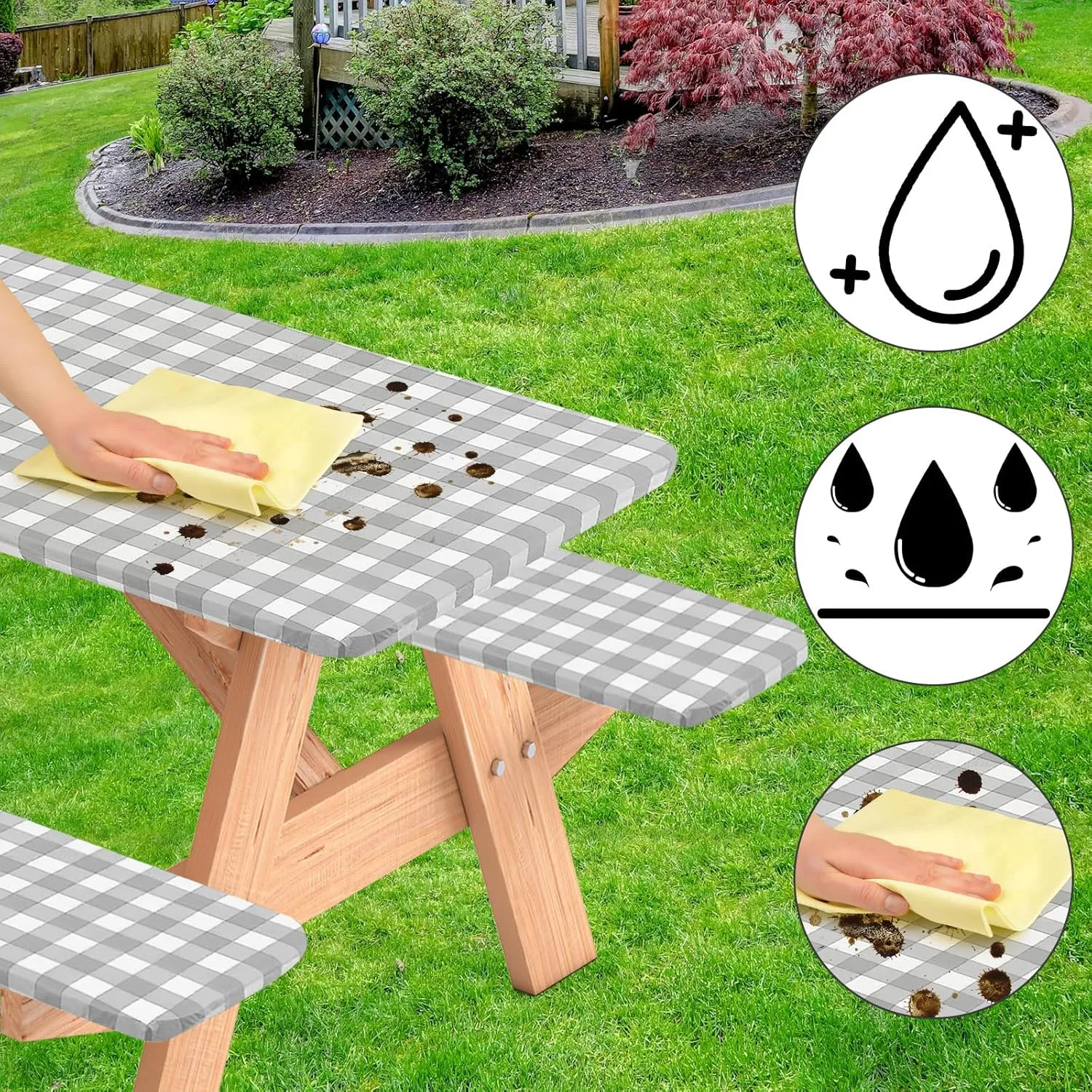 3 Pcs Set Fitted Picnic Table Cover with Bench Covers Vinyl Camping Table Cloth Flannel Backing Picnic Table Cloth for 6ft Tables Camping Outdoor (Gray Checked, 30 x 72 Inches)