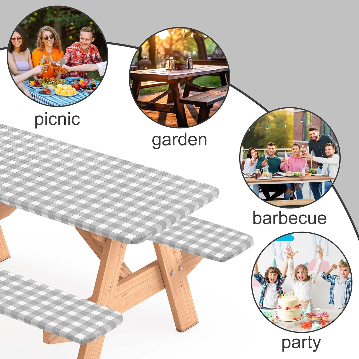 3 Pcs Set Fitted Picnic Table Cover with Bench Covers Vinyl Camping Table Cloth Flannel Backing Picnic Table Cloth for 6ft Tables Camping Outdoor (Gray Checked, 30 x 72 Inches)