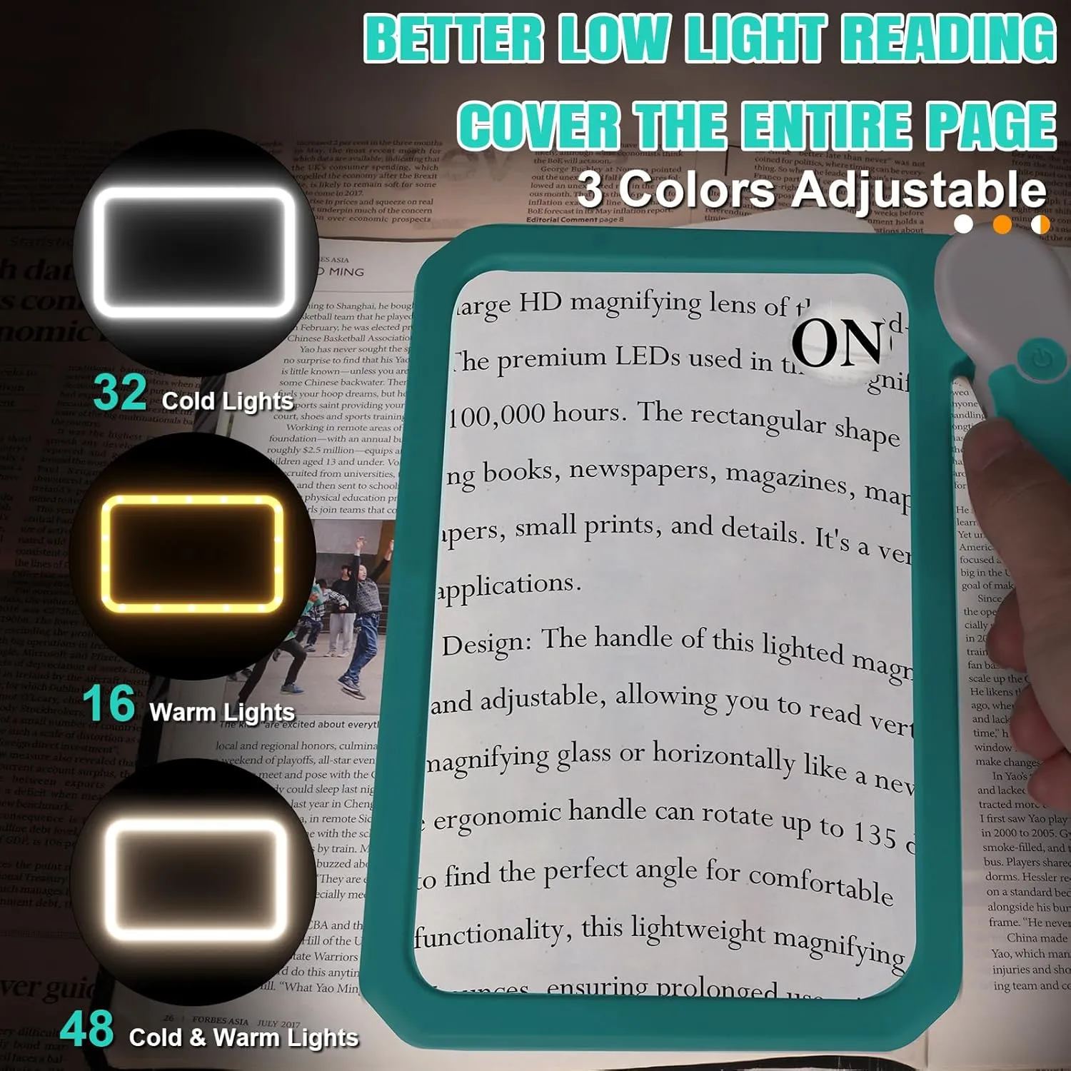 30X 10X 5X Large Magnifying Glass with Light, Rechargeable Foldable Full Book Page Magnifier, 48 LED Light Small Print Magnifier Sheet Lightweight for Low Visual Person and Seniors (Blue)