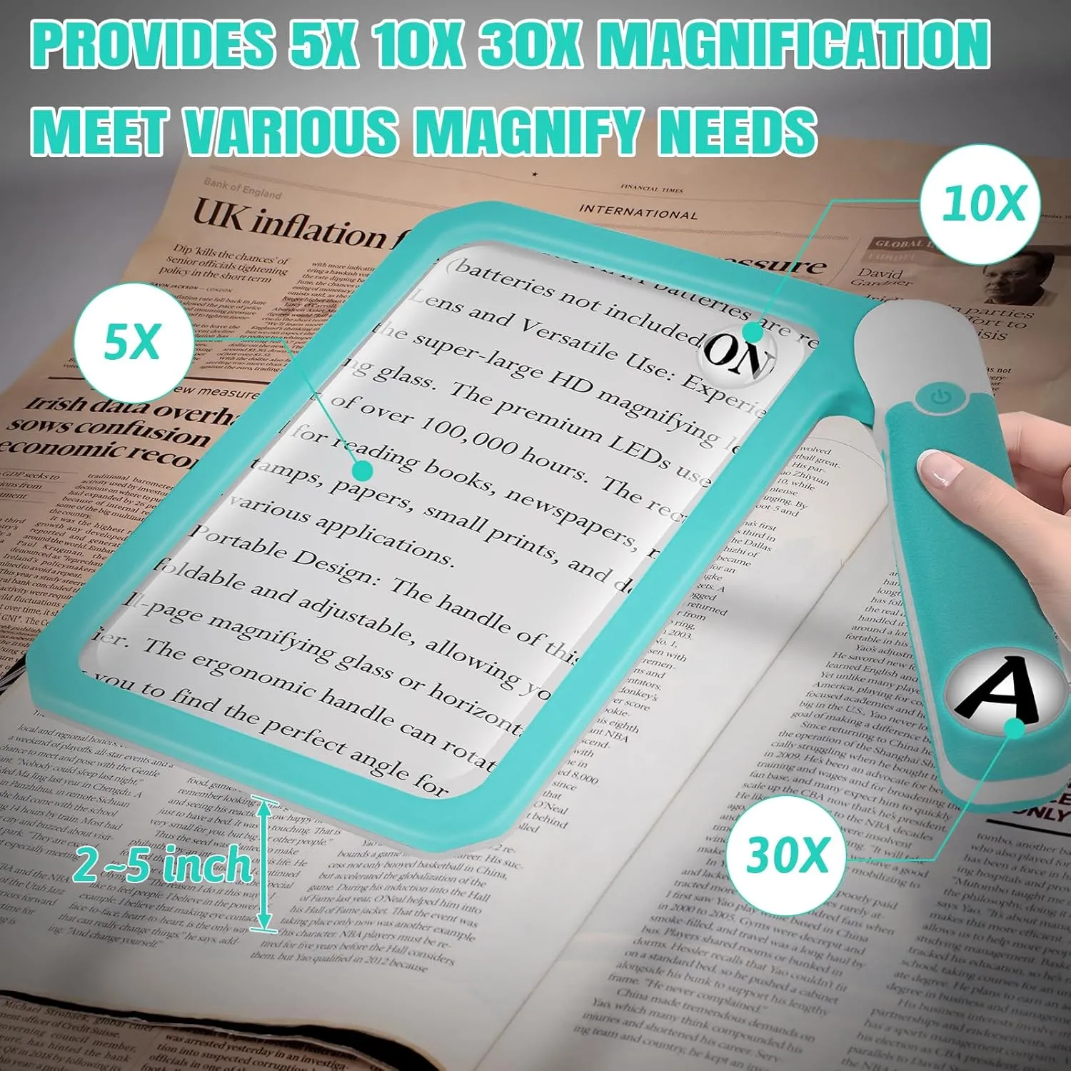 30X 10X 5X Large Magnifying Glass with Light, Rechargeable Foldable Full Book Page Magnifier, 48 LED Light Small Print Magnifier Sheet Lightweight for Low Visual Person and Seniors (Blue)