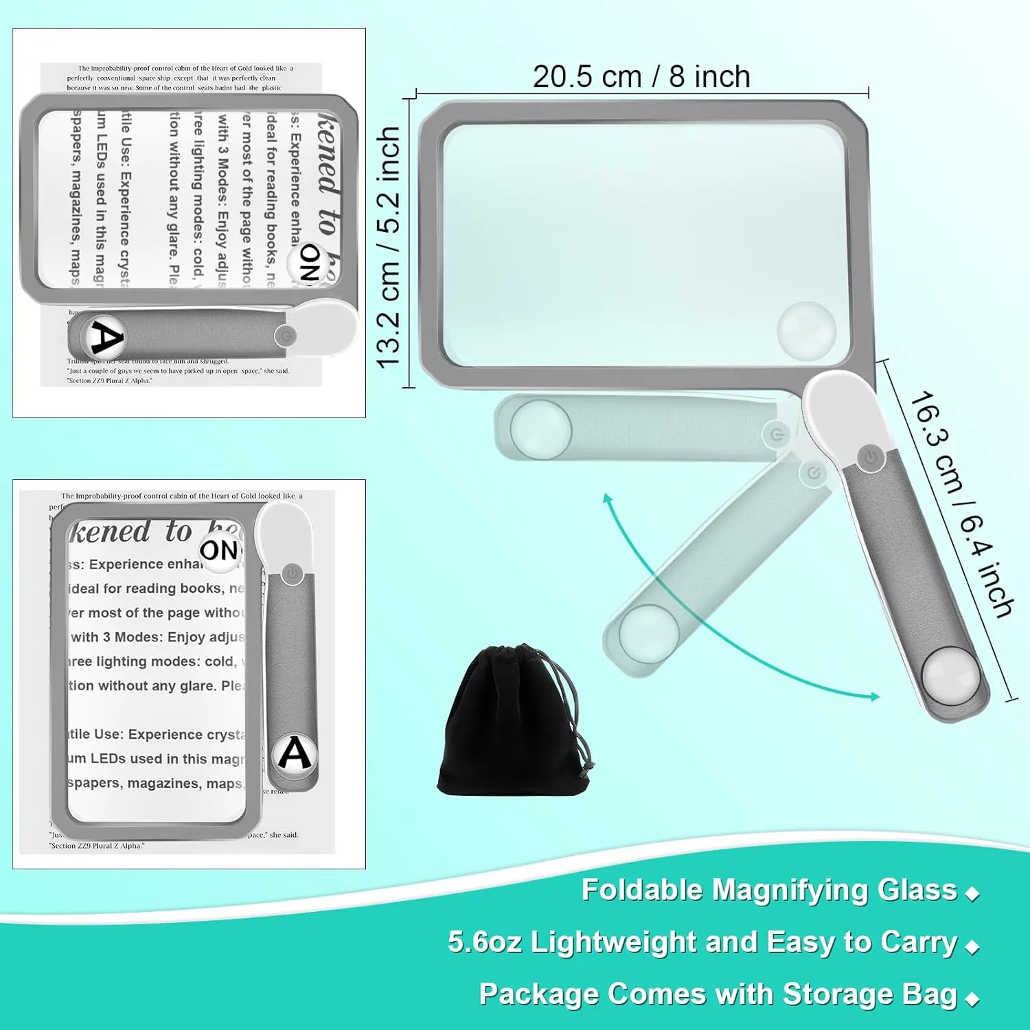 30X 10X 5X Large Magnifying Glass with Light, Rechargeable Foldable Full Book Page Magnifier, 48 LED Small Print Magnifier Sheet Lightweight for Low Visual Person and Seniors Light Gray