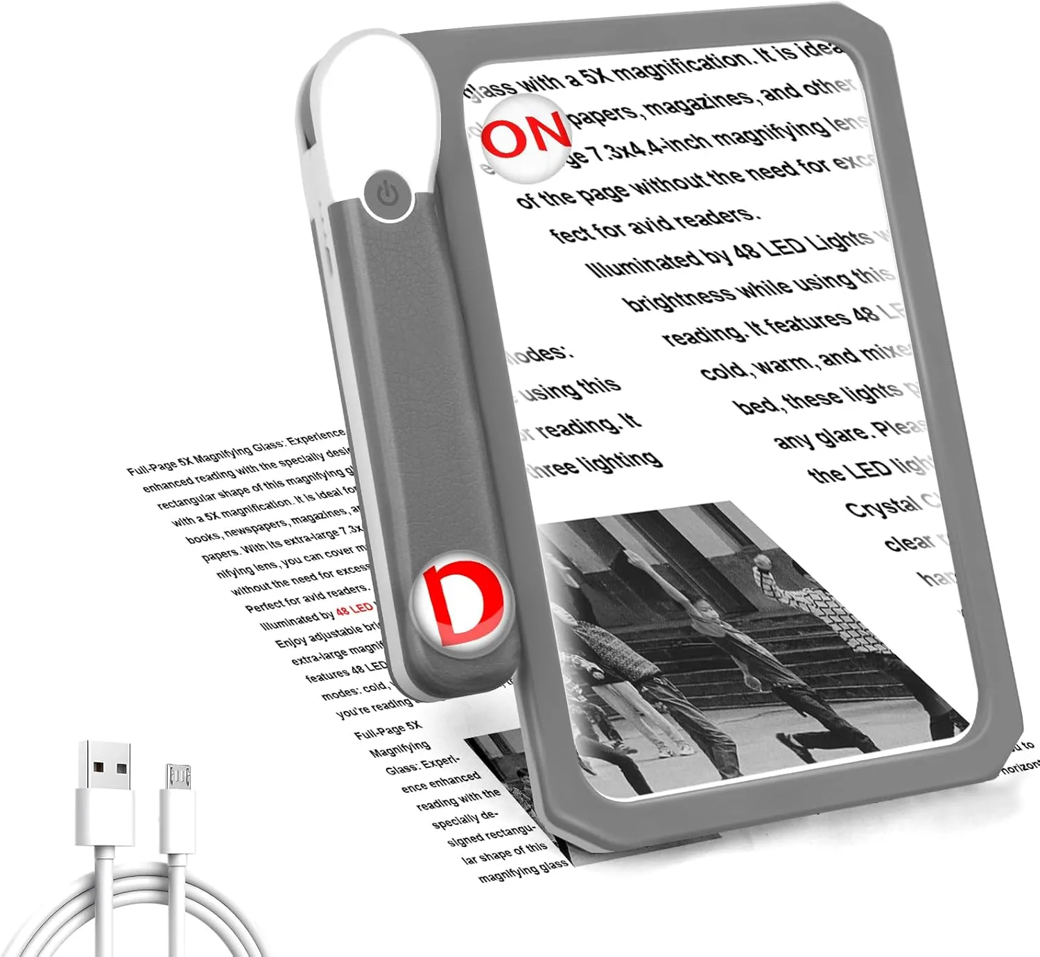 30X 10X 5X Large Magnifying Glass with Light, Rechargeable Foldable Full Book Page Magnifier, 48 LED Small Print Magnifier Sheet Lightweight for Low Visual Person and Seniors Light Gray