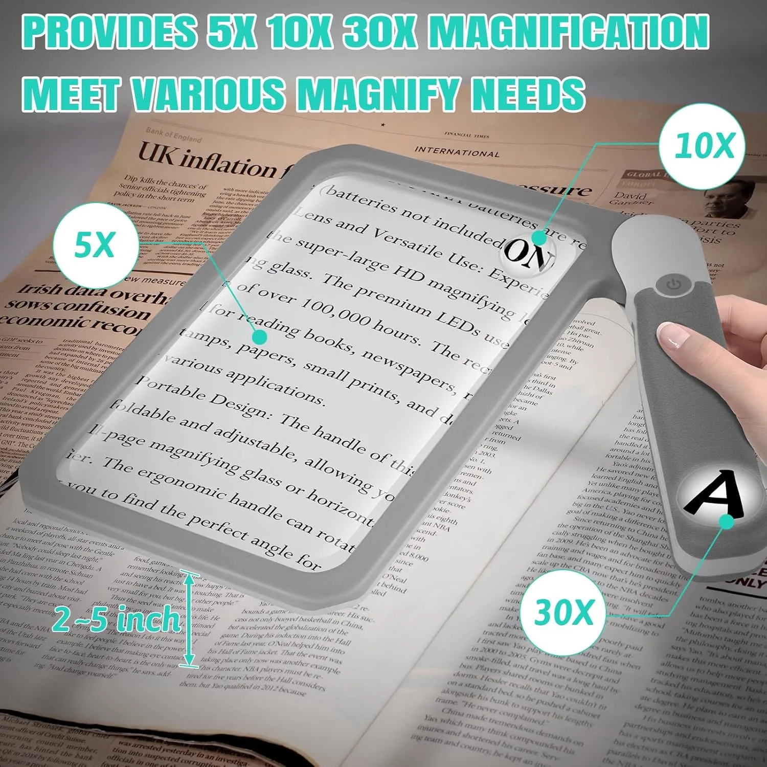 30X 10X 5X Large Magnifying Glass with Light, Rechargeable Foldable Full Book Page Magnifier, 48 LED Small Print Magnifier Sheet Lightweight for Low Visual Person and Seniors Light Gray