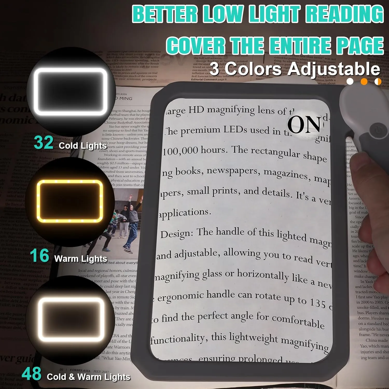 30X 10X 5X Large Magnifying Glass with Light, Rechargeable Foldable Full Book Page Magnifier, 48 LED Small Print Magnifier Sheet Lightweight for Low Visual Person and Seniors Light Gray