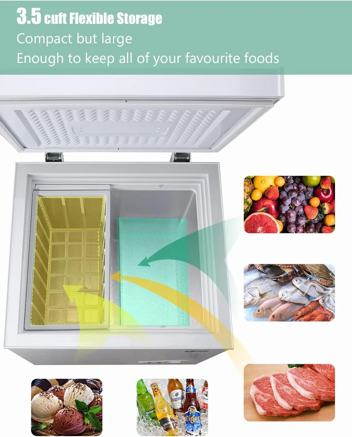 3.5 Cu.Ft Chest Freezer 7 Gears Temperature Control(-18°F to -46°F), Deep Compact Freezer with a Removable Basket, for House, Kitchen, Garage, Basement, Shop, White