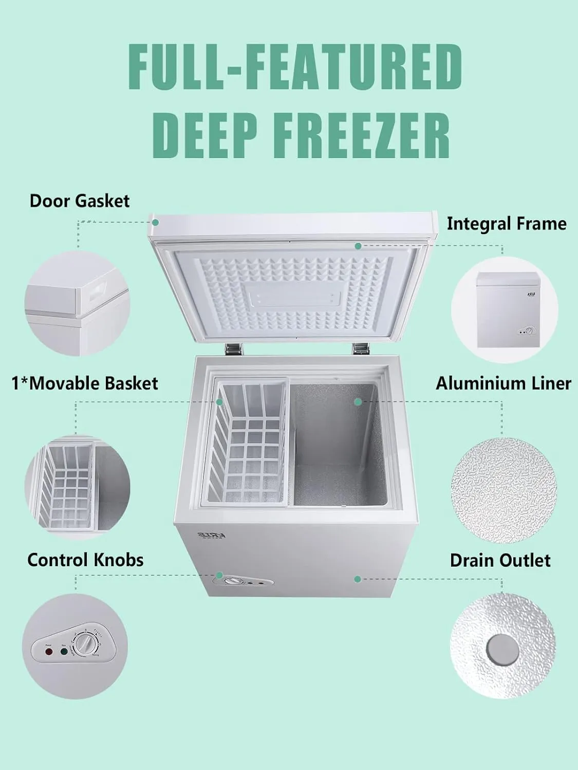 3.5 Cu.Ft Chest Freezer 7 Gears Temperature Control(-18°F to -46°F), Deep Compact Freezer with a Removable Basket, for House, Kitchen, Garage, Basement, Shop, White