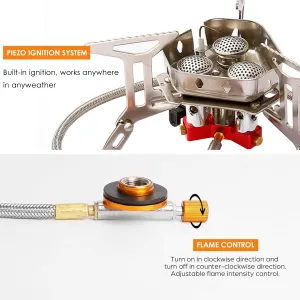 3500W/6800W Windproof Camp Stove Camping Gas Stove with Fuel Canister Adapter, Piezo Ignition, Carry Case, Portable Collapsible Stove Burner for Outdoor Backpacking Hiking And Picnic