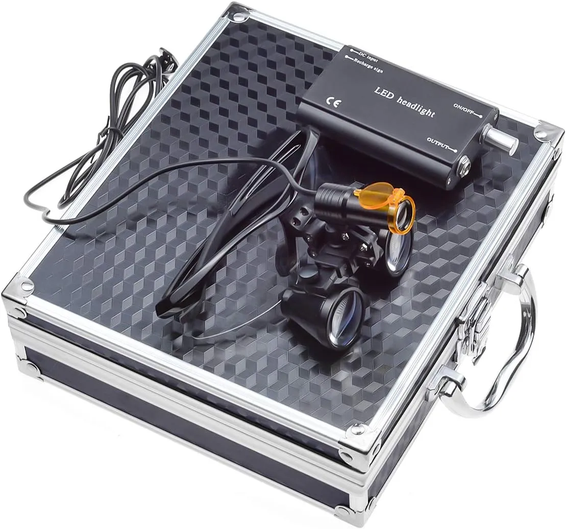 3.5X Binocular Loupes Magnifying Glasses   5W Magnifying Lamp LED Headlamp with Filter and Belt Clip Aluminum Box Black